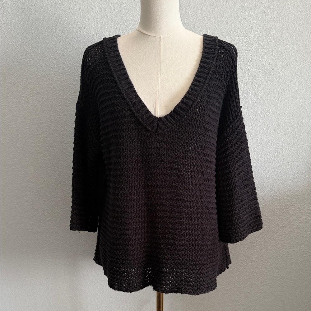 Free People Black Open Knit Oversized Sweater Boho V-Neck M